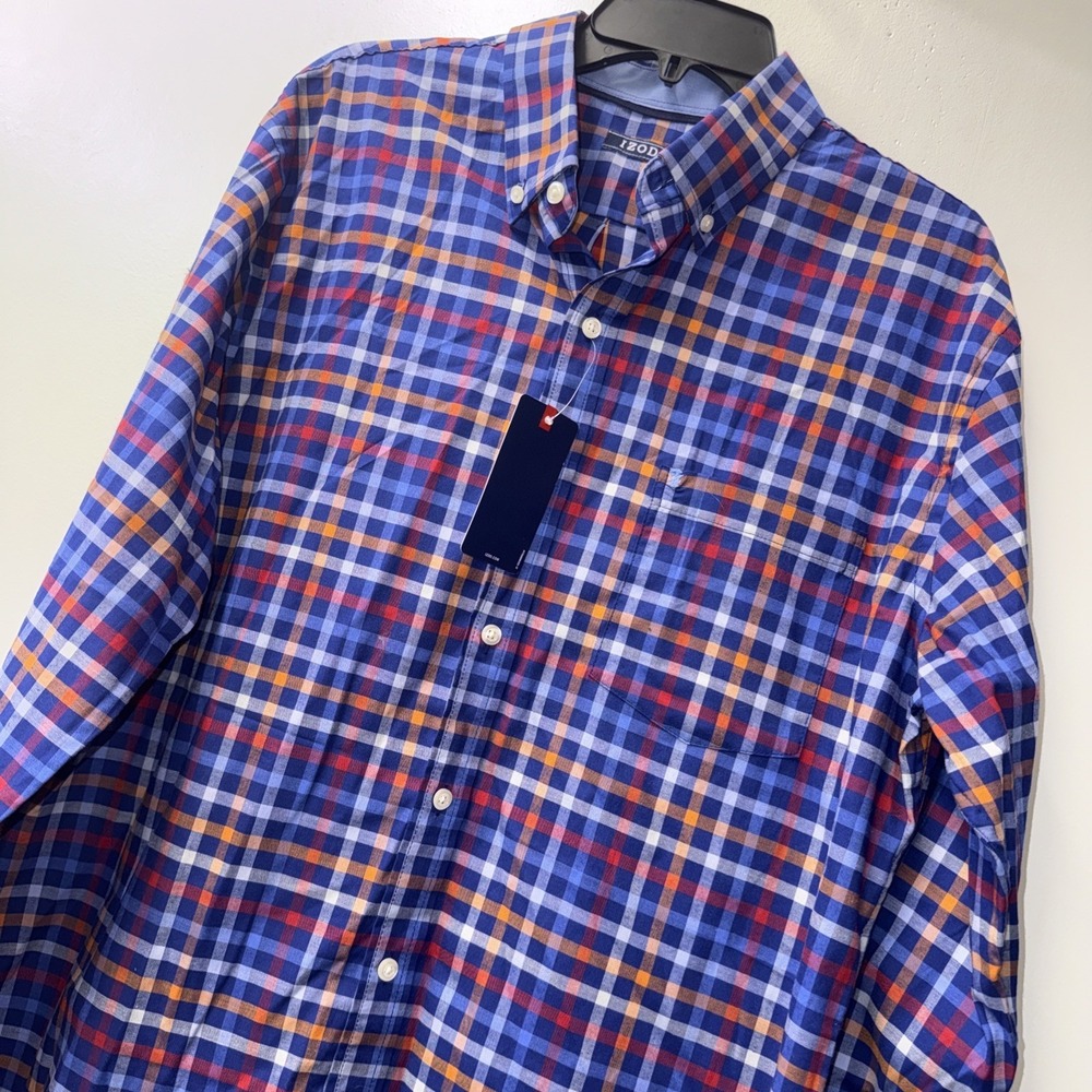 NWT IZOD Button Up Shirt Long Sleeve Blue Orange Red Plaid Cotton Blend Large
